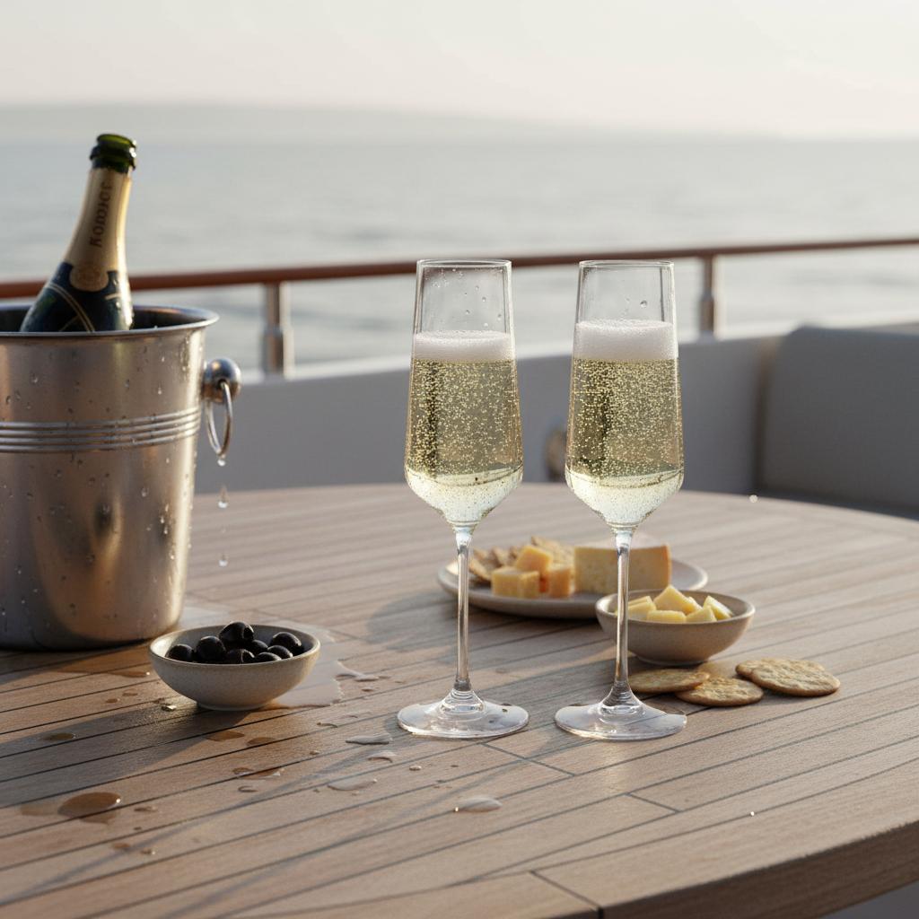 Flamefield Riviera champagneflute Tritan met anti-slip voet gevuld met champagne, op tafel van een jacht. schaaltjes met kaas en wijnkoeler met champagnefles op de achtergrond