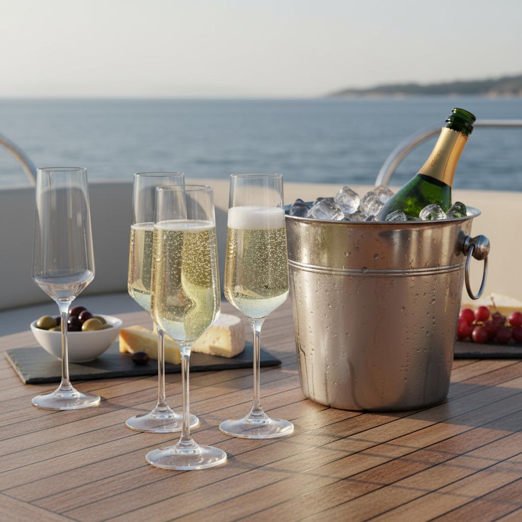 Flamefield Riviera champagneflute Tritan met anti-slip voet met een wijn koeler met champagne fles erin, van aluminium op het dek van een boot
