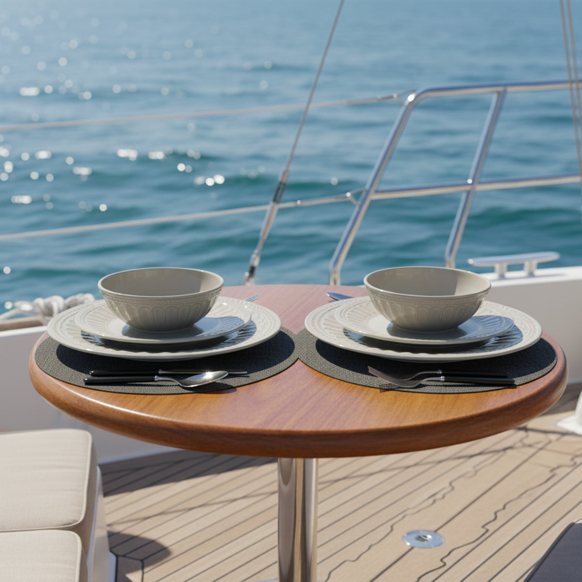 Flamefield Vintage Beige melamine servies – romantisch & chic dinerbord, ontbijtbord en kom op ronde tafel aan boord van een luxe jacht