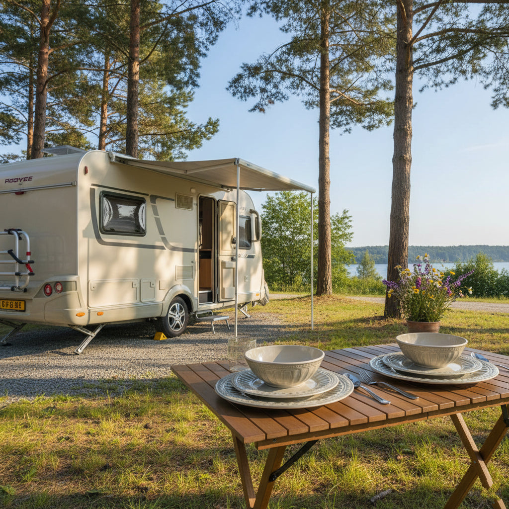 Flamefield Vintage Beige melamine servies – romantisch & chic gefotografeerd op een teak tafel in de natuur bij de camper