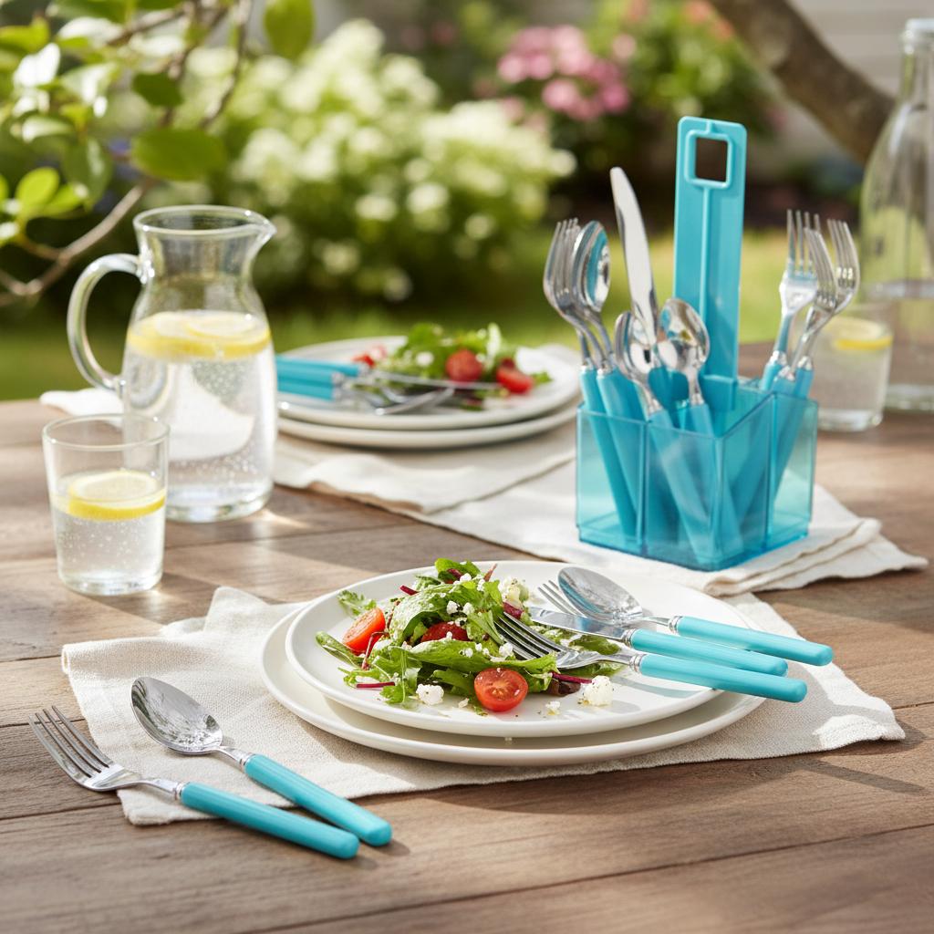 Flamefield bestekset Aqua op een gedekte tafel in de zomer