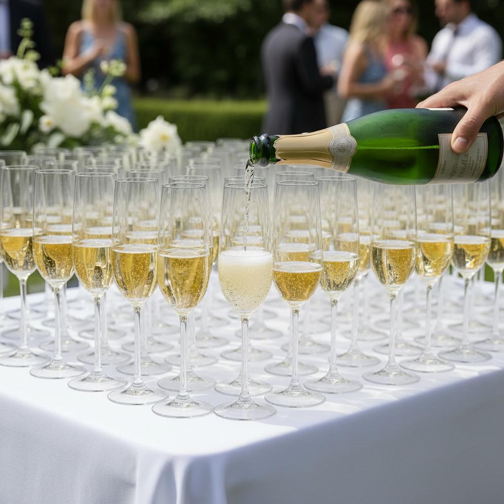 Flamefield champagneglas Savoy 295ml  – breukbestendig, lichtgewicht tientallen glazen op een bruiloft en een fles in beeld waar uit geschonken wordt