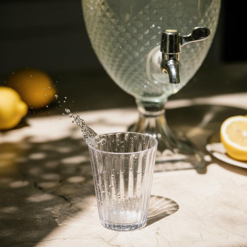 Flamefield crystal short glas with a splash of water om a marmer countertop with an old fashioned water bottle