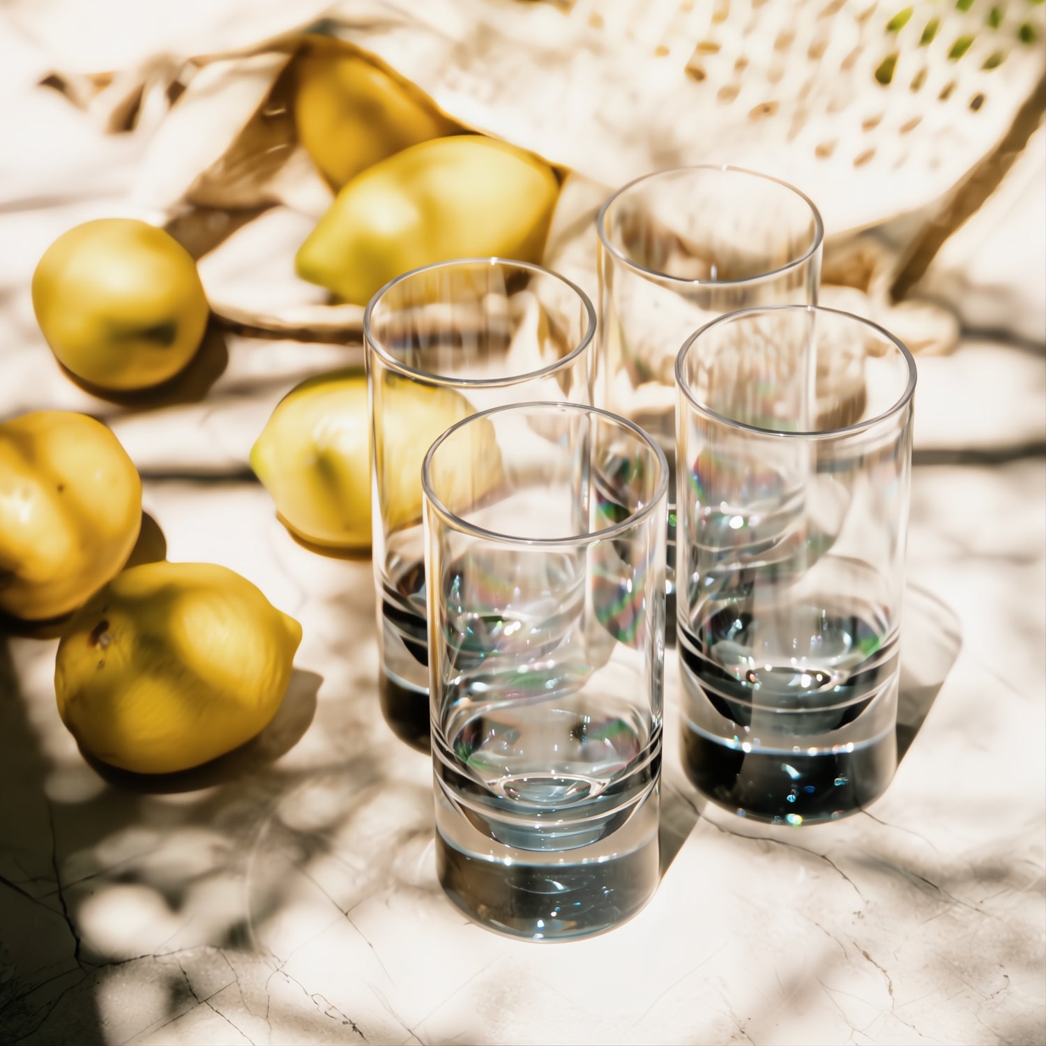 Flamefield longdrink glas Slim Jim Short – onbreekbaar en kristalhelder acryl foto met set van vier glazen op een tafel met zes citroenen