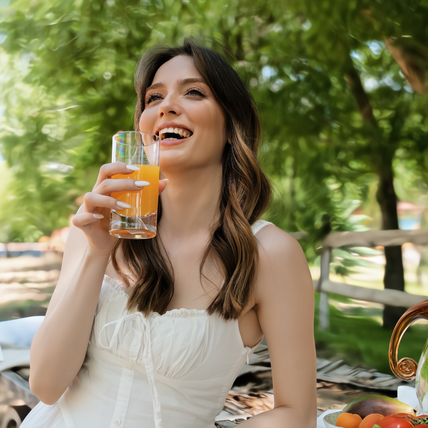 Flamefield longdrinkglas Slim Jim Short Clear 290 ml, onbreekbaar, kristalhelder, acryl , model met glas in haar hand met jus d'orange erin, witte jurk aan