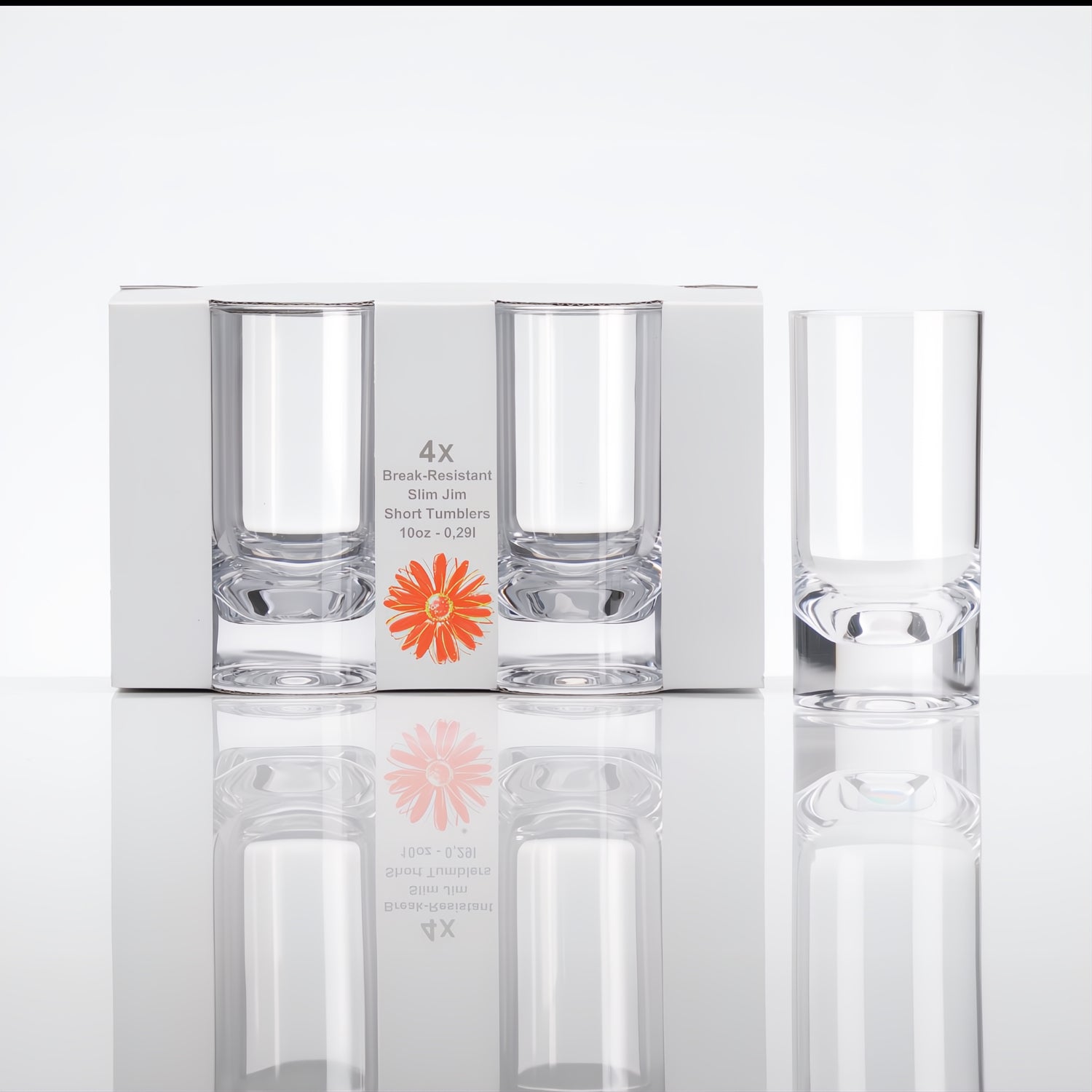 Flamefield longdrinkglas Slim Jim Short Clear 290 ml (set van 4) – onbreekbaar, kristalhelder, acryl in verpakking