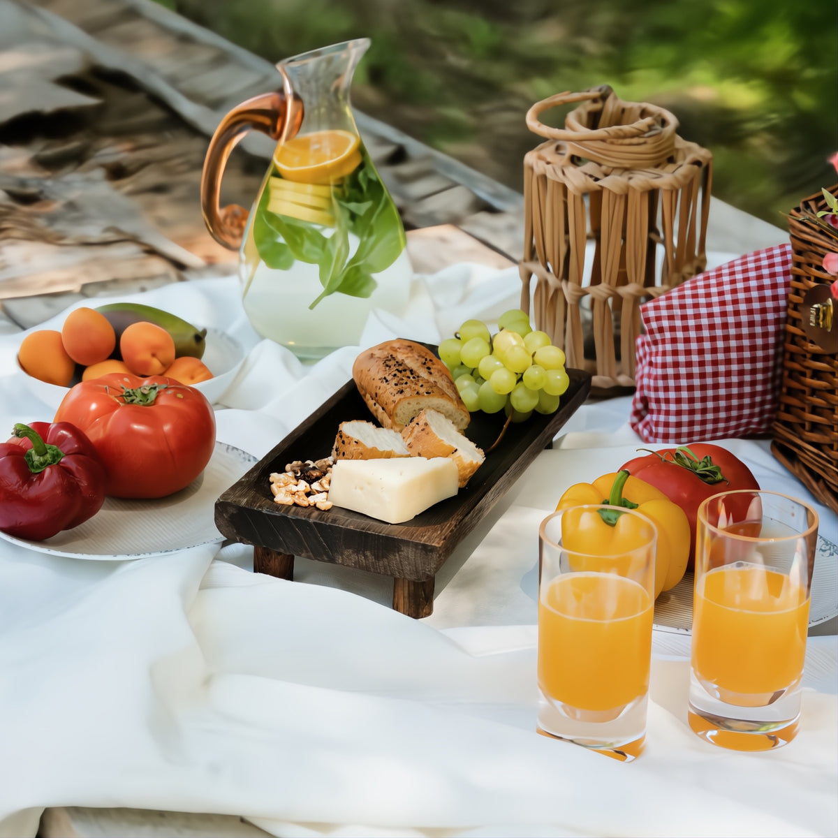 Flamefield longdrinkglas Slim Jim Short Clear 2 glazen op een picknickkleed met eten en een waterkan