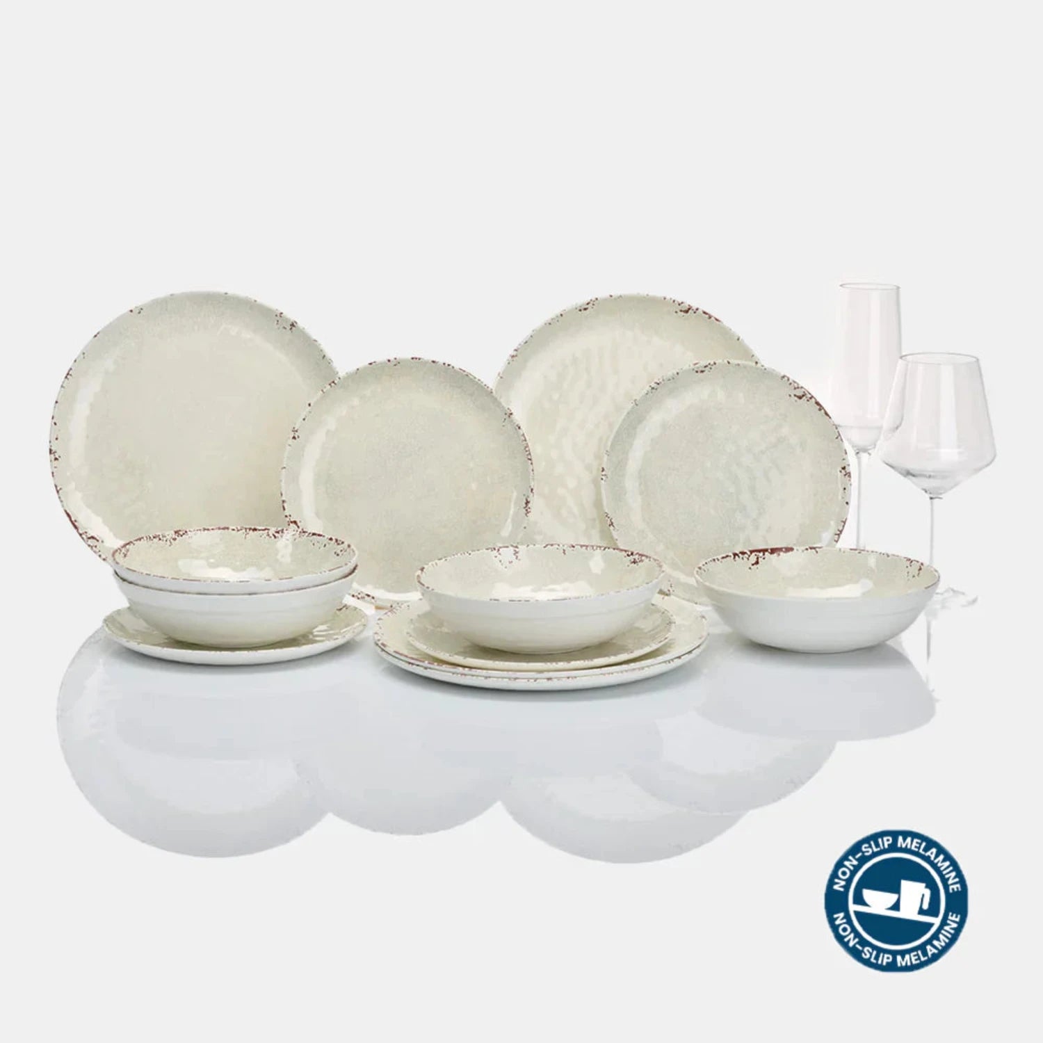 Flamefield onbreekbaar servies Rustic Pearl - 12-delig melamine, creme-wit, parelmoer met twee Savoy glazen