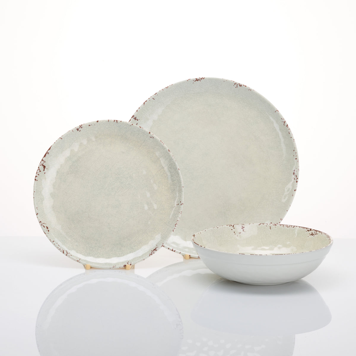 Flamefield onbreekbaar servies Rustic Pearl - 12-delig melamine, creme-wit, parelmoer voorbeeld set met dinerbord, ontbijtbord en kom