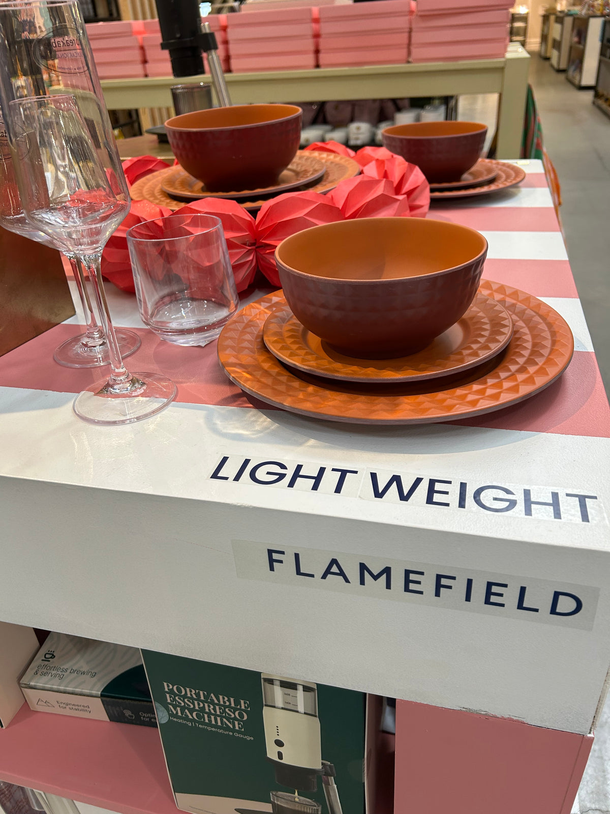 Flamefield_presentatie_servies_op_roze_wit_gestreepte_roltafel_ingezoomd_op_rode_borden_en_lightweight_tekst