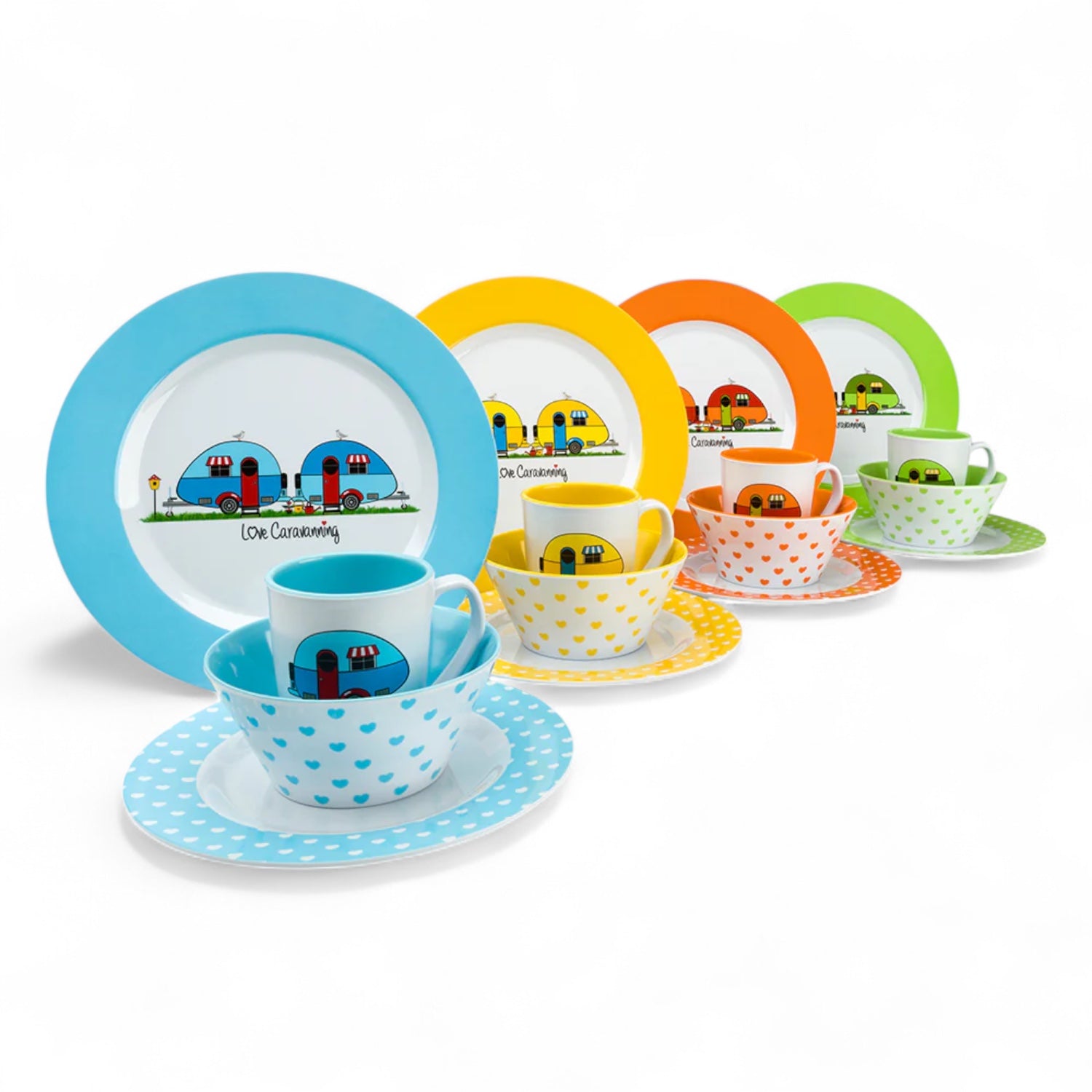 Flamefield serviesset Love Caravanning 13-delig – retro melamine met koeltas vier kleuren op een rij