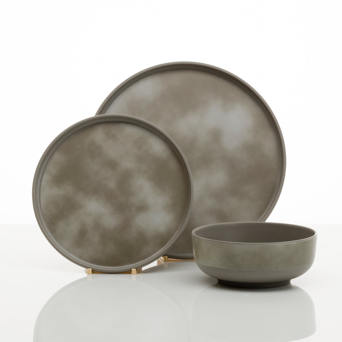 Flamefield serviesset Pebble Sky – 12-delig, mat grijs melamine showmodel set van dinerbord, ontbijtbord en kom
