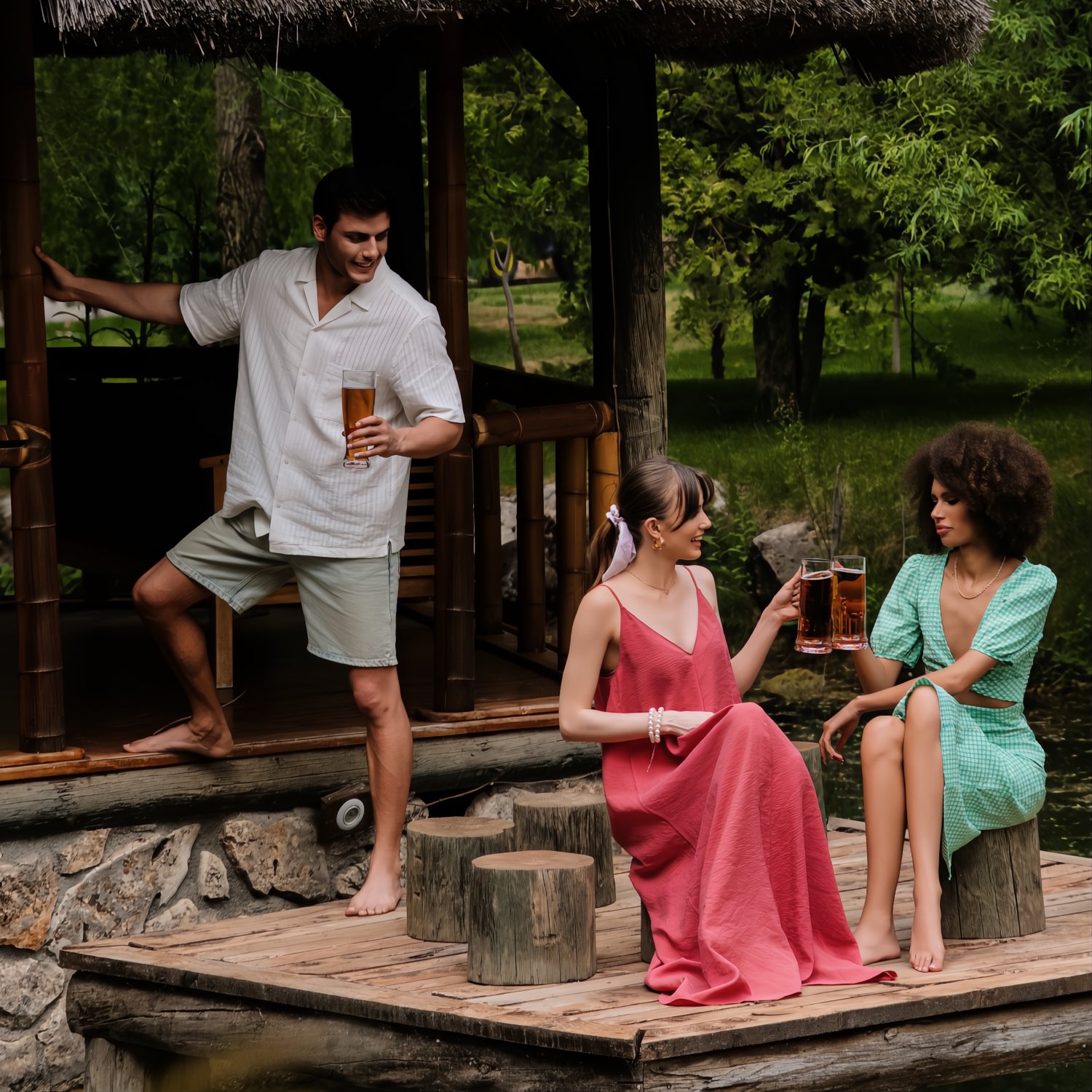 Flamefield  sfeerbeeld op vakantie adres vrienden twee vrouwen proosten met een Flamefield bierpul en man heeft een pilsener glas in zijn hand