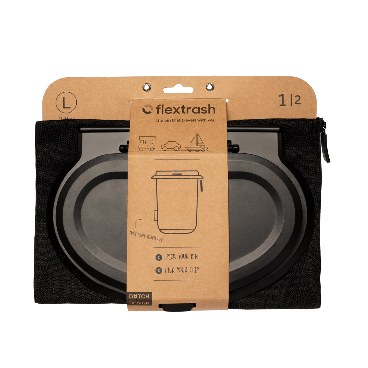 Flextrash flexibele prullenbak – Boldly Black maat L in verpakking