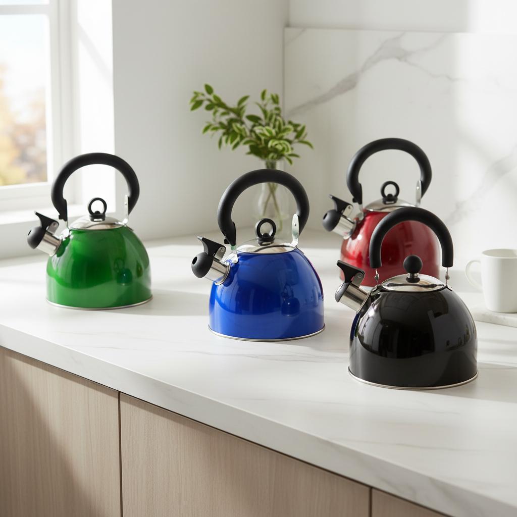 Fluitketels op het aanrecht in verschillende kleuren