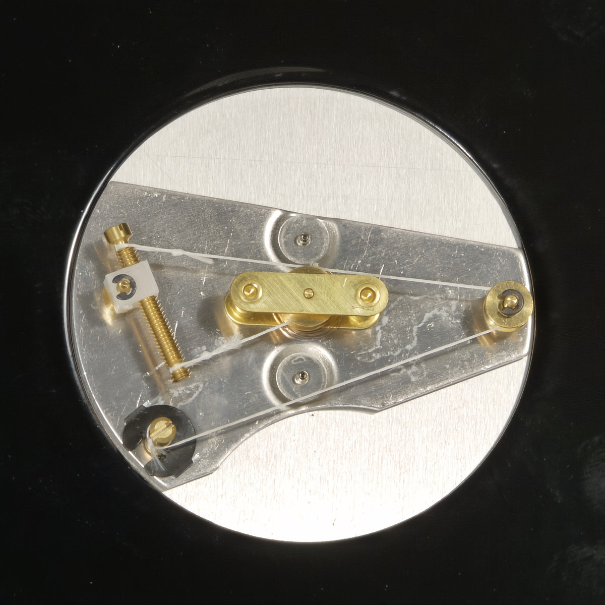 Haar Hygro mechanisme, je ziet de haar gespannen zitten in het instrument