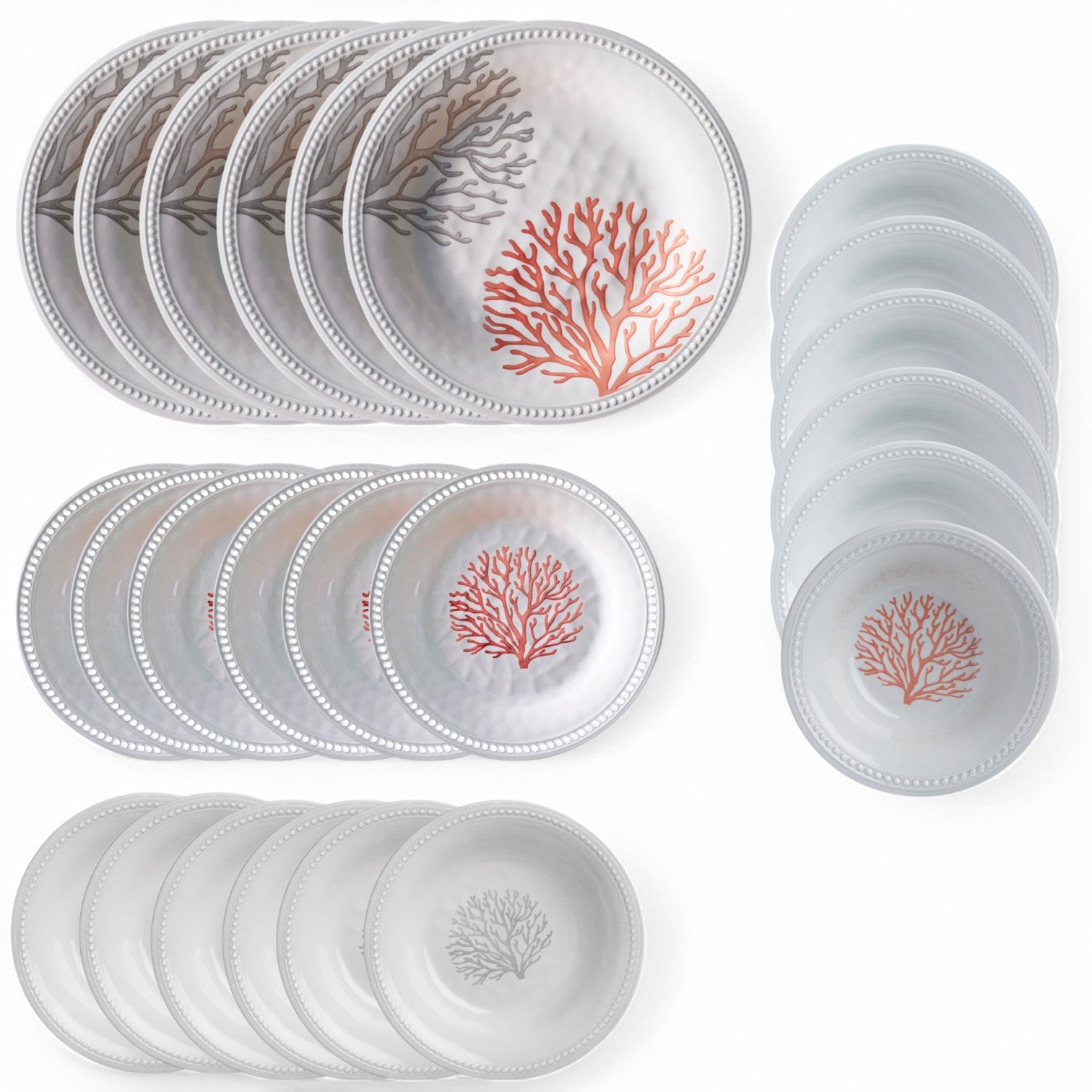 Harmony Mare Coral melamine servies - wit met koraaldecoratie en parelrand 24-delig