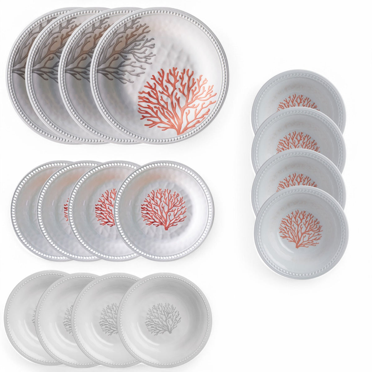Harmony Mare Coral melamine servies - wit met koraaldecoratie en parelrand set 16-delig