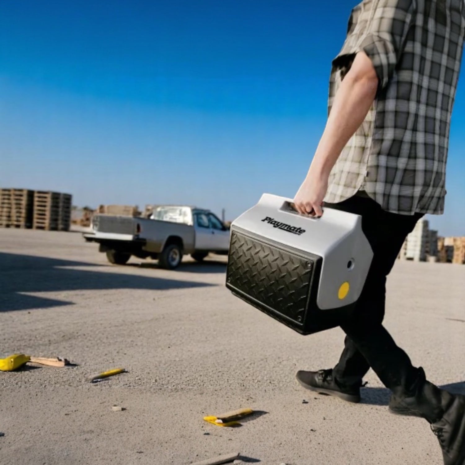 Igloo-14-Quart-Playmate-The-Boss-Ice-Chest-Cooler-Black-and-Silver-op een bouwplaats