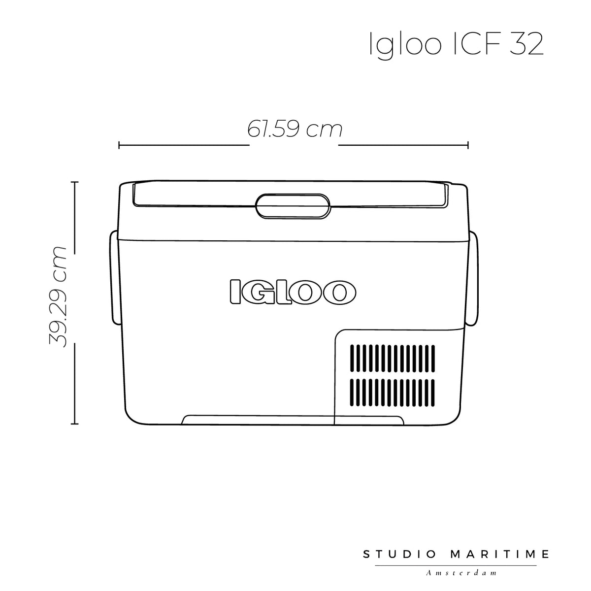 Igloo ICF32 compressor koelbox 32L – 12V 24V 230V met vriesfunctie tekening met  afmetingen