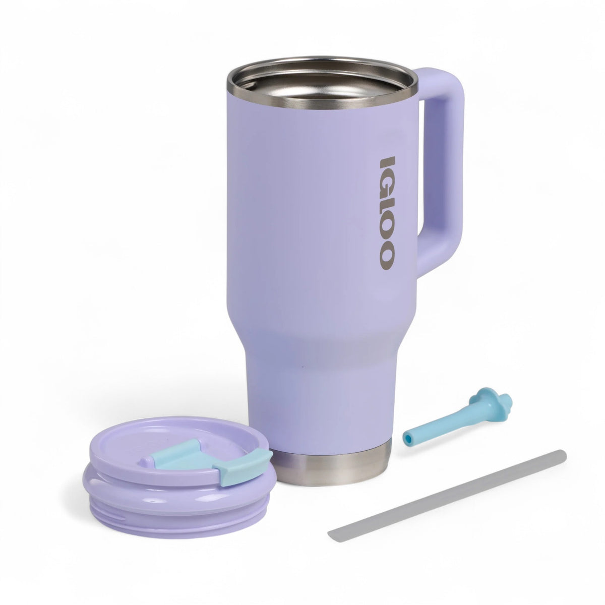 Igloo thermosfles Flip ‘n’ Sip 946 ml - met vacuümisolatie, handvat en rietje, in kleur lila alle onderdelen los neergelegd.