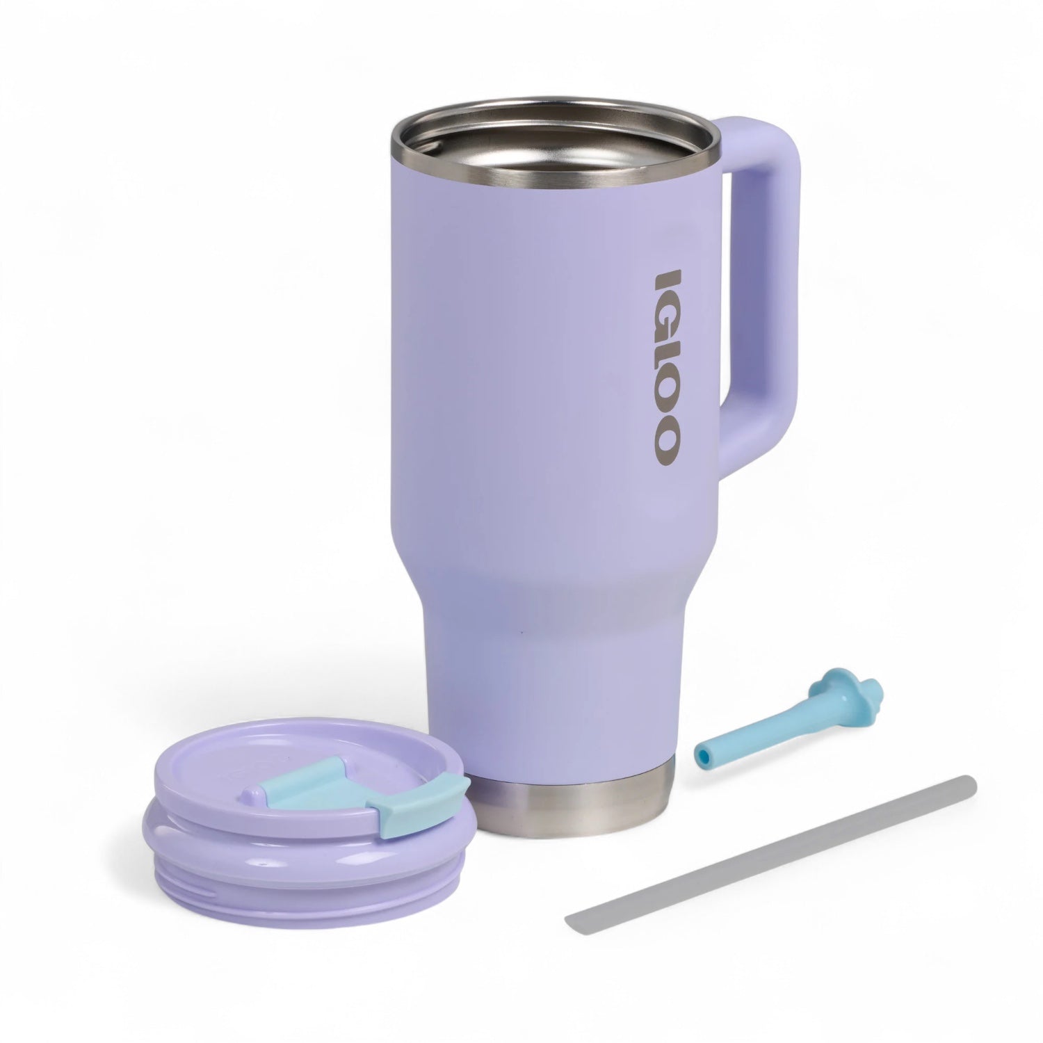 Igloo thermosfles Flip ‘n’ Sip 946 ml - met vacuümisolatie, handvat en rietje, in kleur lila alle onderdelen los neergelegd.