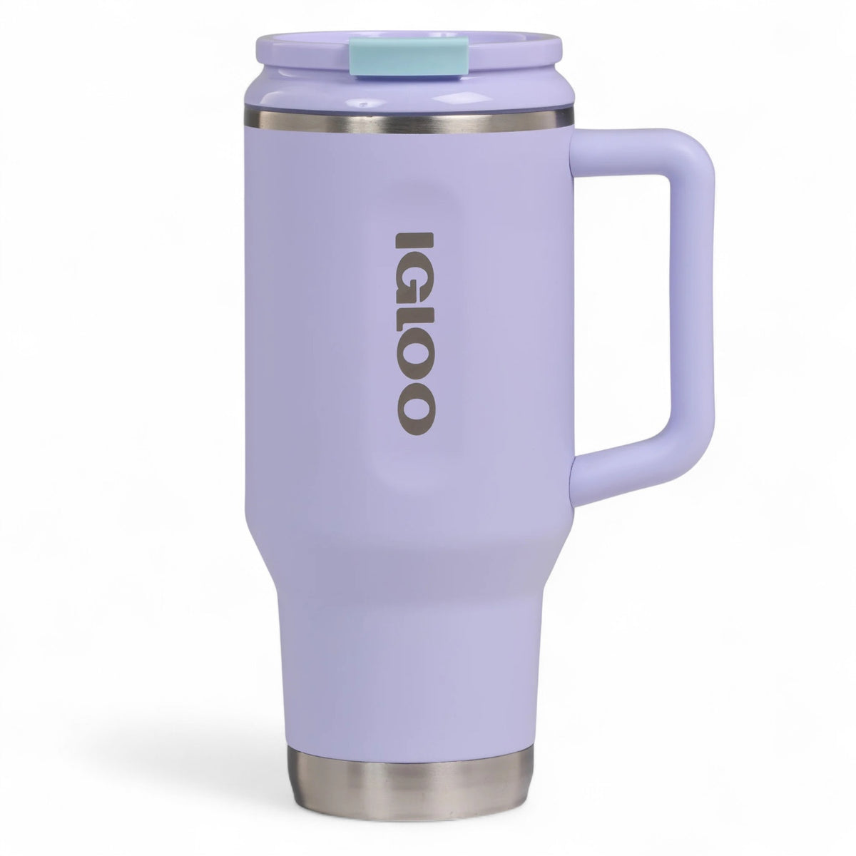 Igloo thermosfles Flip ‘n’ Sip 946 ml - met vacuümisolatie, handvat en rietje, in kleur lila met logo op voorzijde vrijstaand beeld