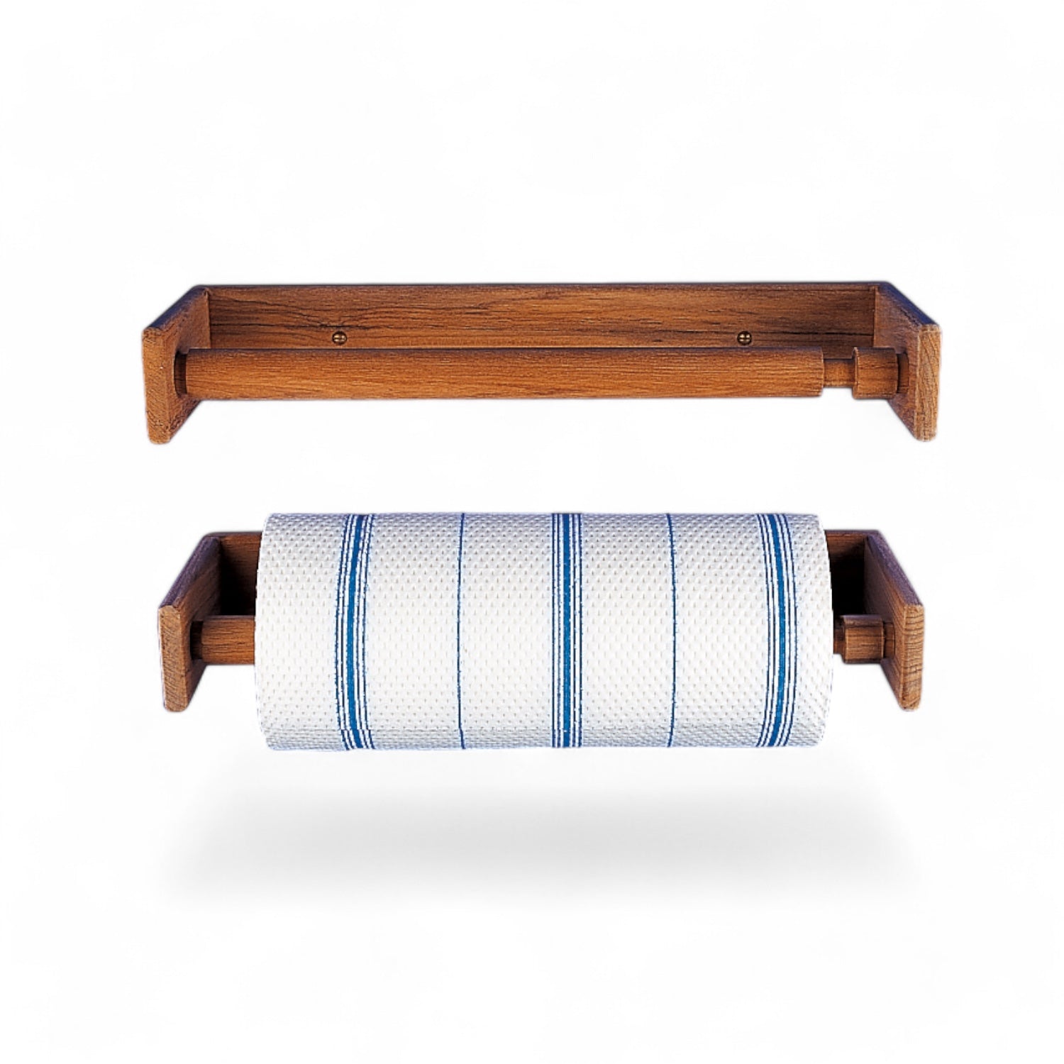 Keukenrolhouder teak hout ARCMarine 263 zonder keukenrol en houder met een keukenrol in blauw witte streep