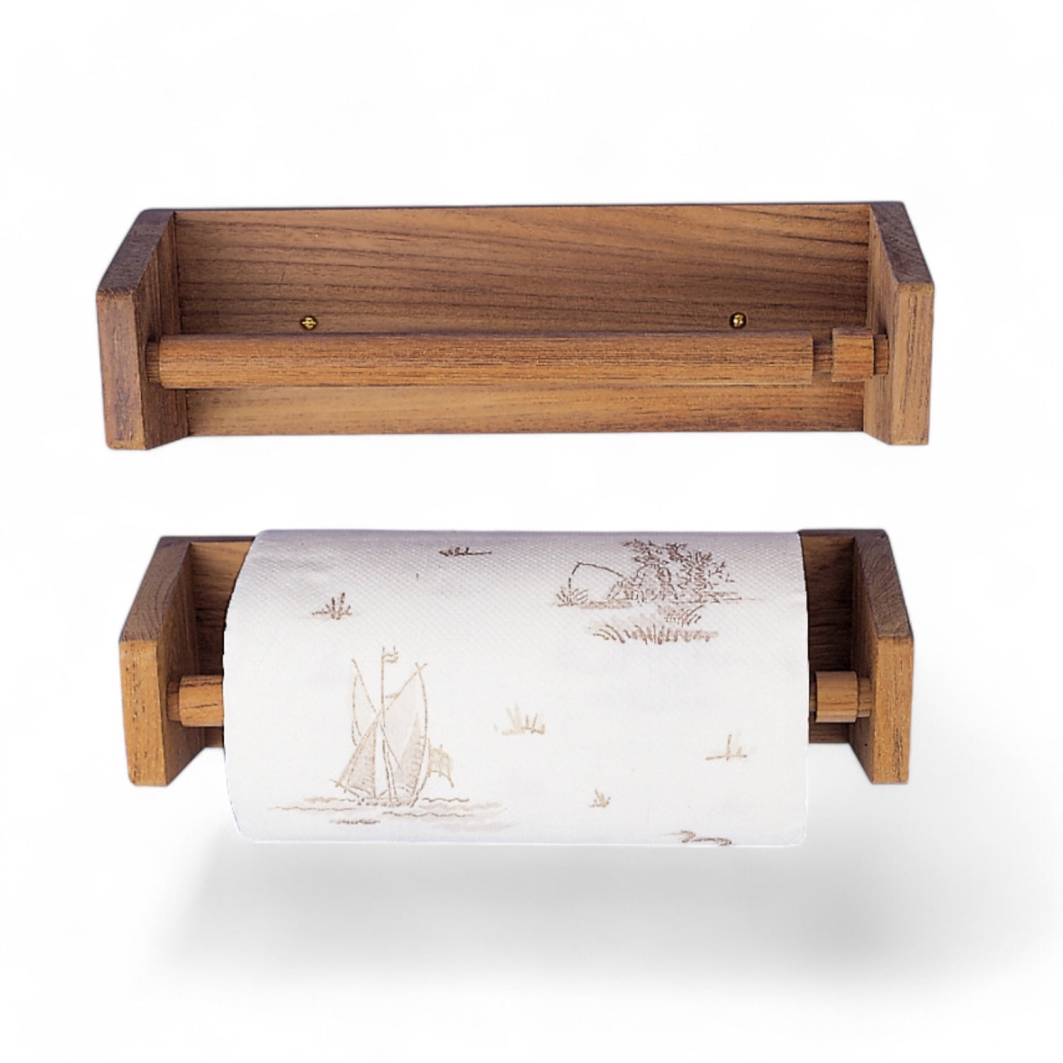 Keukenrolhouder teak hout ARCMarine 264_met_keukenrol wit met bruine bootjes en leeg zonder keukenrol