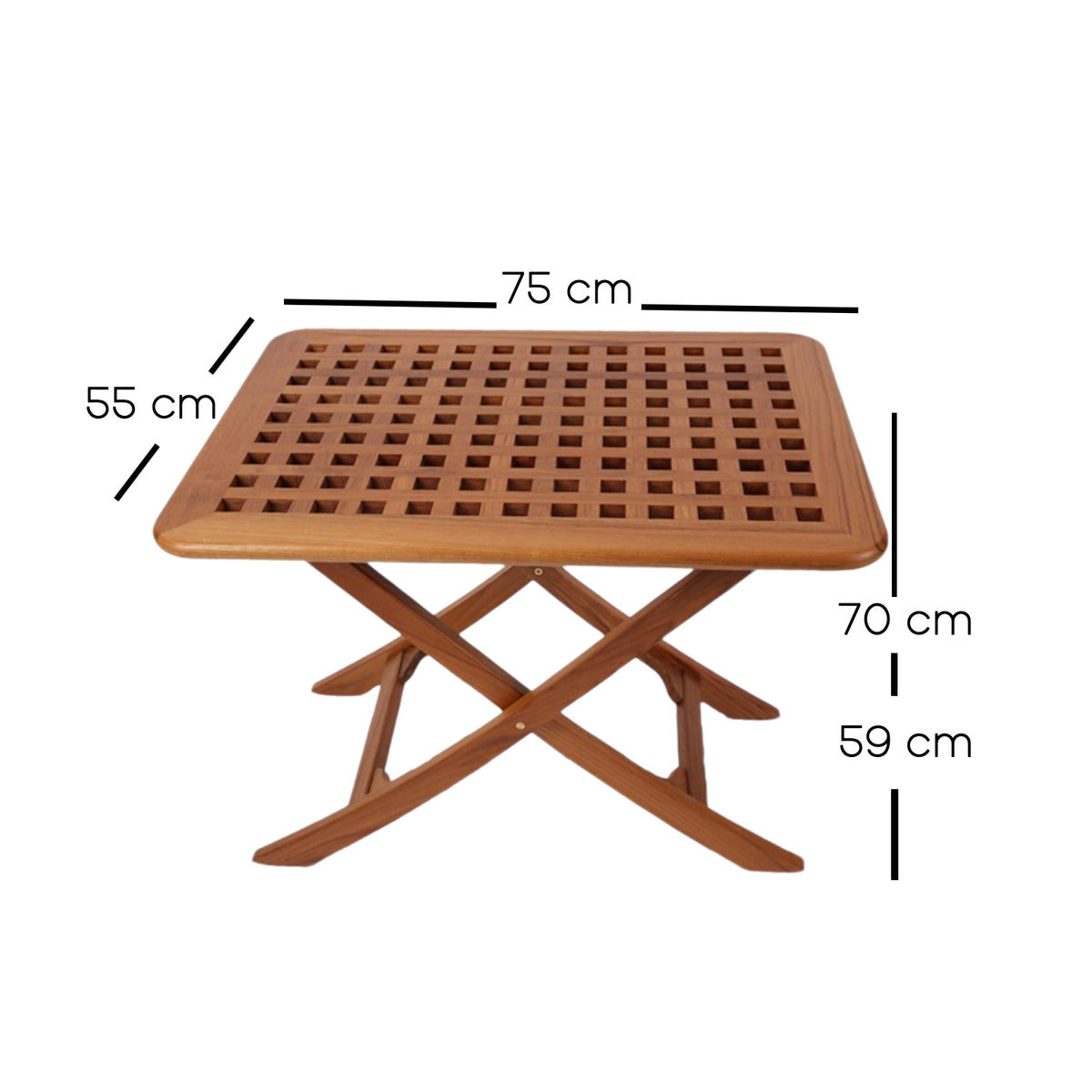 Klaptafel Monte Carlo - teak, verstelbare hoogtes (75 x 55 cm) tekening met afmetingen