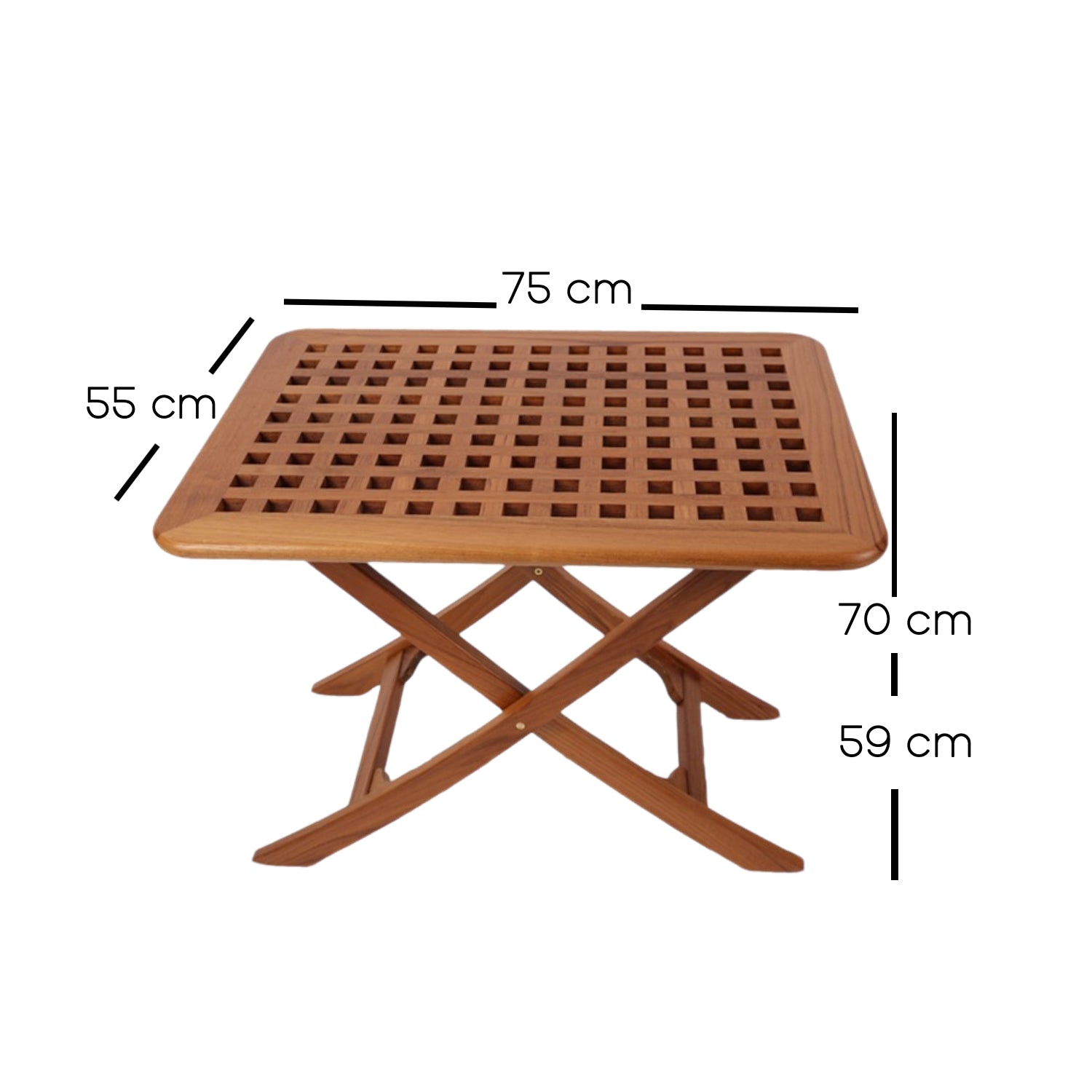 Klaptafel Monte Carlo - teak, verstelbare hoogtes (75 x 55 cm) tekening met afmetingen