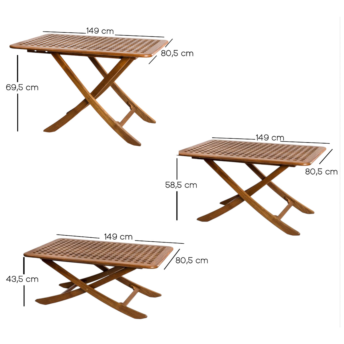 Klaptafel San Remo teak, verstelbare hoogtes (149 x 80.5 cm) tekening met afmetingen