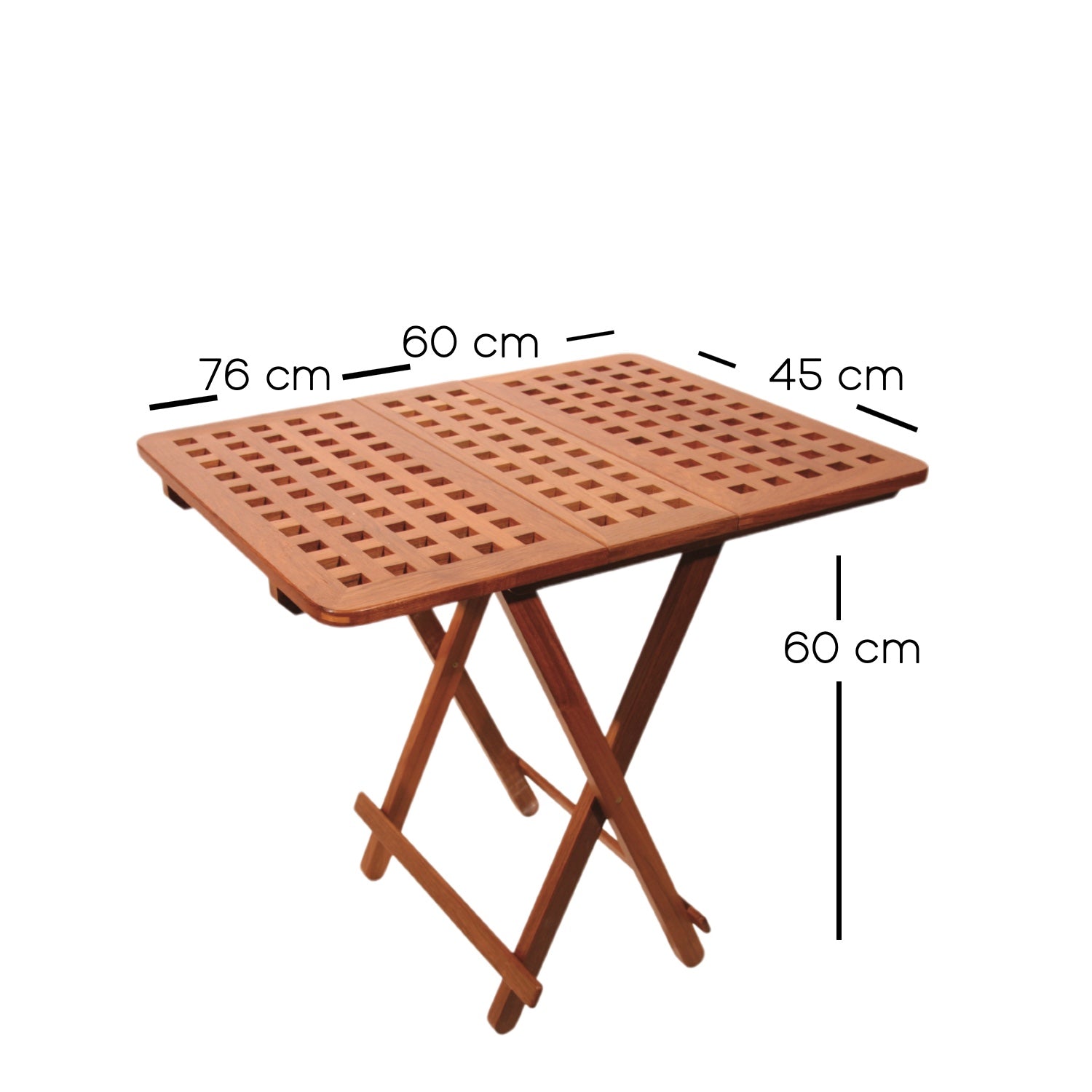 Klaptafel Southampton met tussenstuk, teak, verstelbare hoogtes (60/76 x 60 cm) tekening met afmetingen