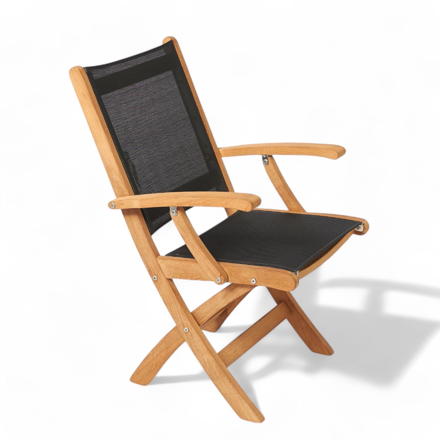 Luxe comfortabele teak klapstoel voor outdoor gebruik, zwarte bekleding