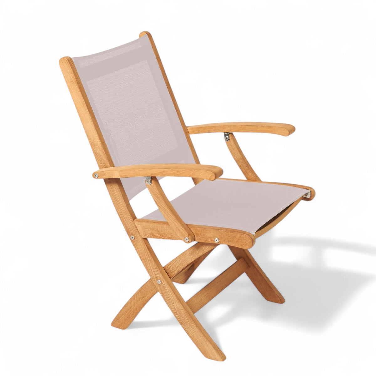 Luxe comfortabele teak klapstoel voor outdoor gebruik, taupe bekleding