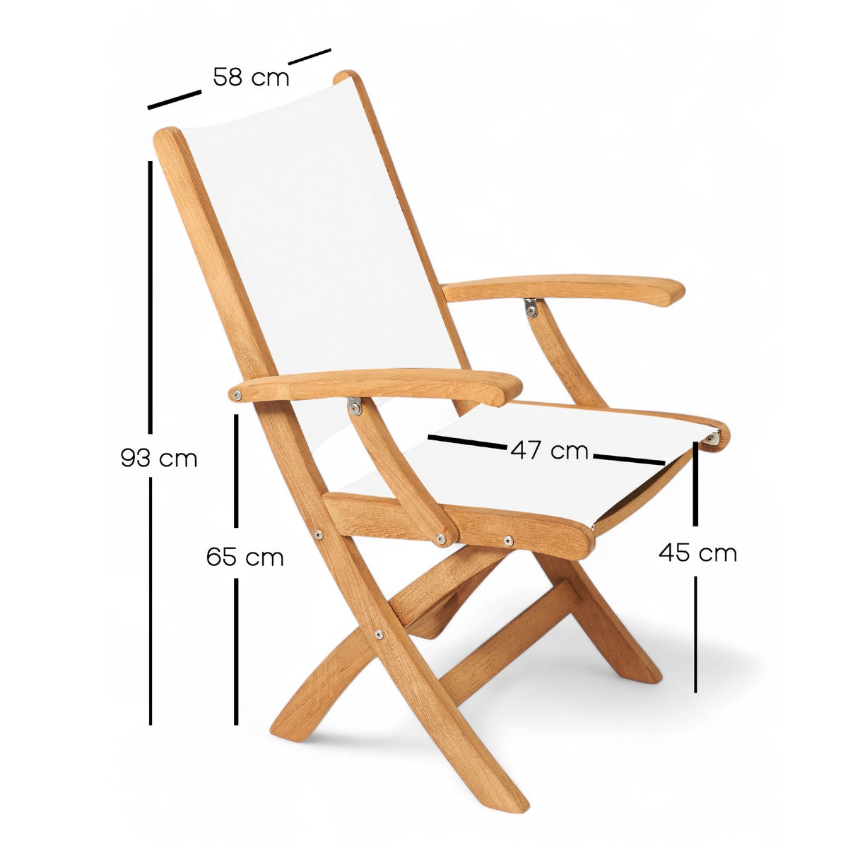 Luxe comfortabele teak klapstoel voor outdoor gebruik, tekening met afmetingen