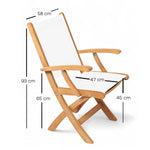 Luxe comfortabele teak klapstoel voor outdoor gebruik, tekening met afmetingen