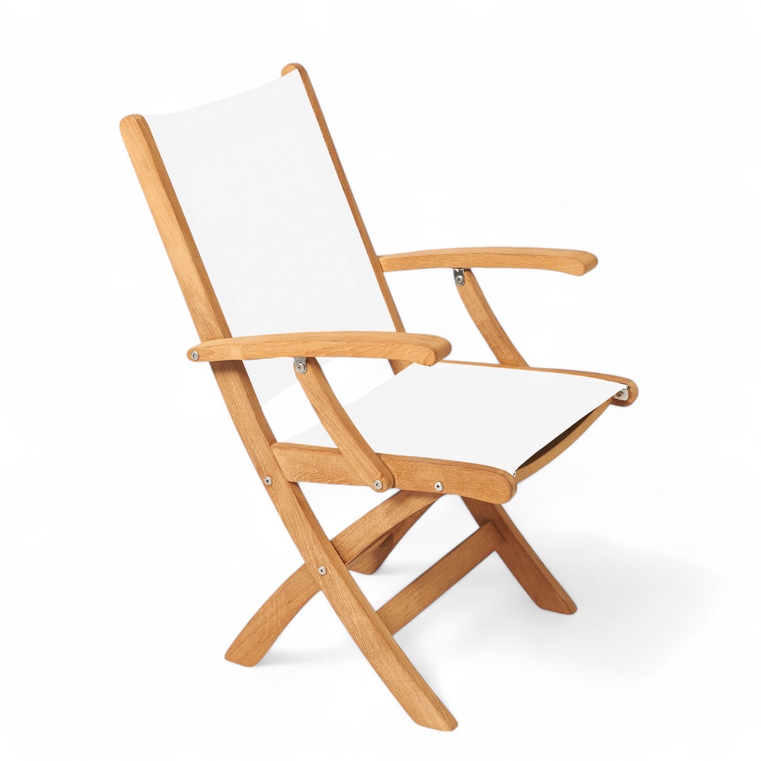 Luxe comfortabele teak klapstoel voor outdoor gebruik, witte bekleding