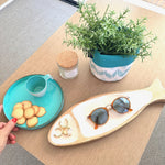 Maldivas bootservies Acqua dinerbord met mok turquoise en een houten schaal in de vorm van een vis