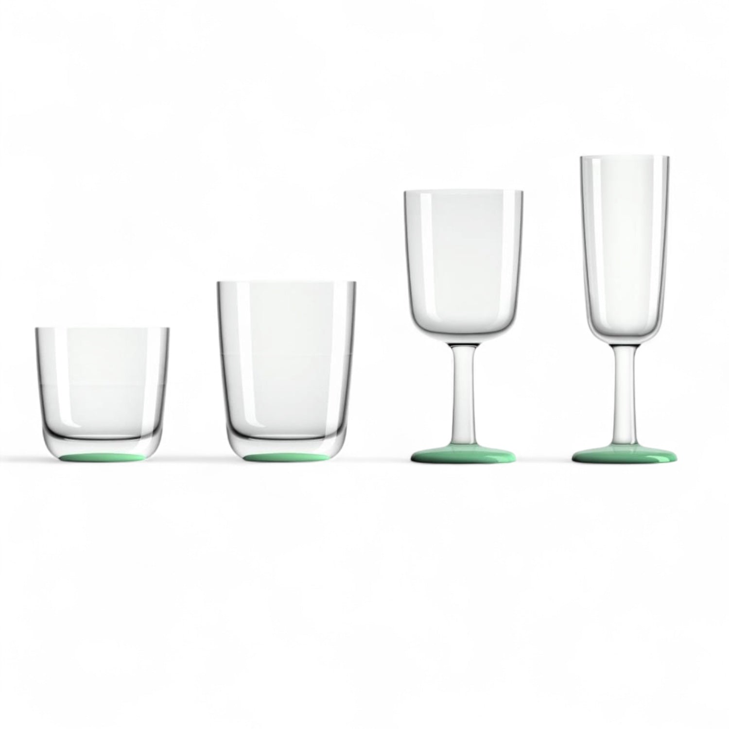 Marc Newson champagne flute 180 ml – onbreekbaar design, antislip, met glow in the dark voet waterglas, whiskeyglas, wijnglas en champagne flute op een rij
