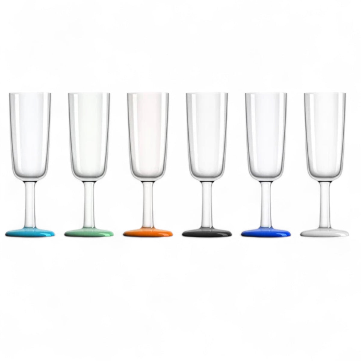 Marc Newson champagne flute 180 ml – onbreekbaar design, antislip, zes op een rij mix aan kleuren