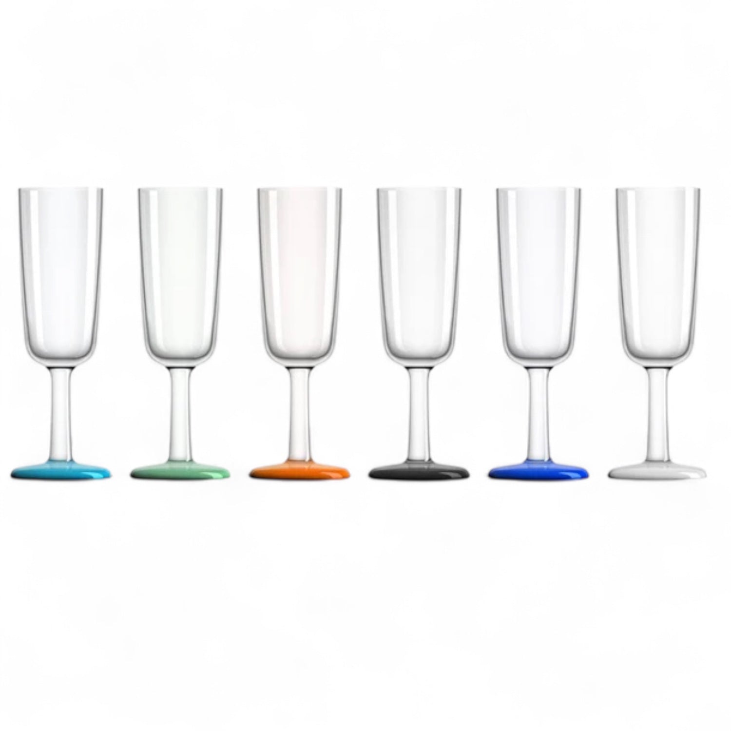 Marc Newson champagne flute 180 ml – onbreekbaar design, antislip, zes op een rij mix aan kleuren