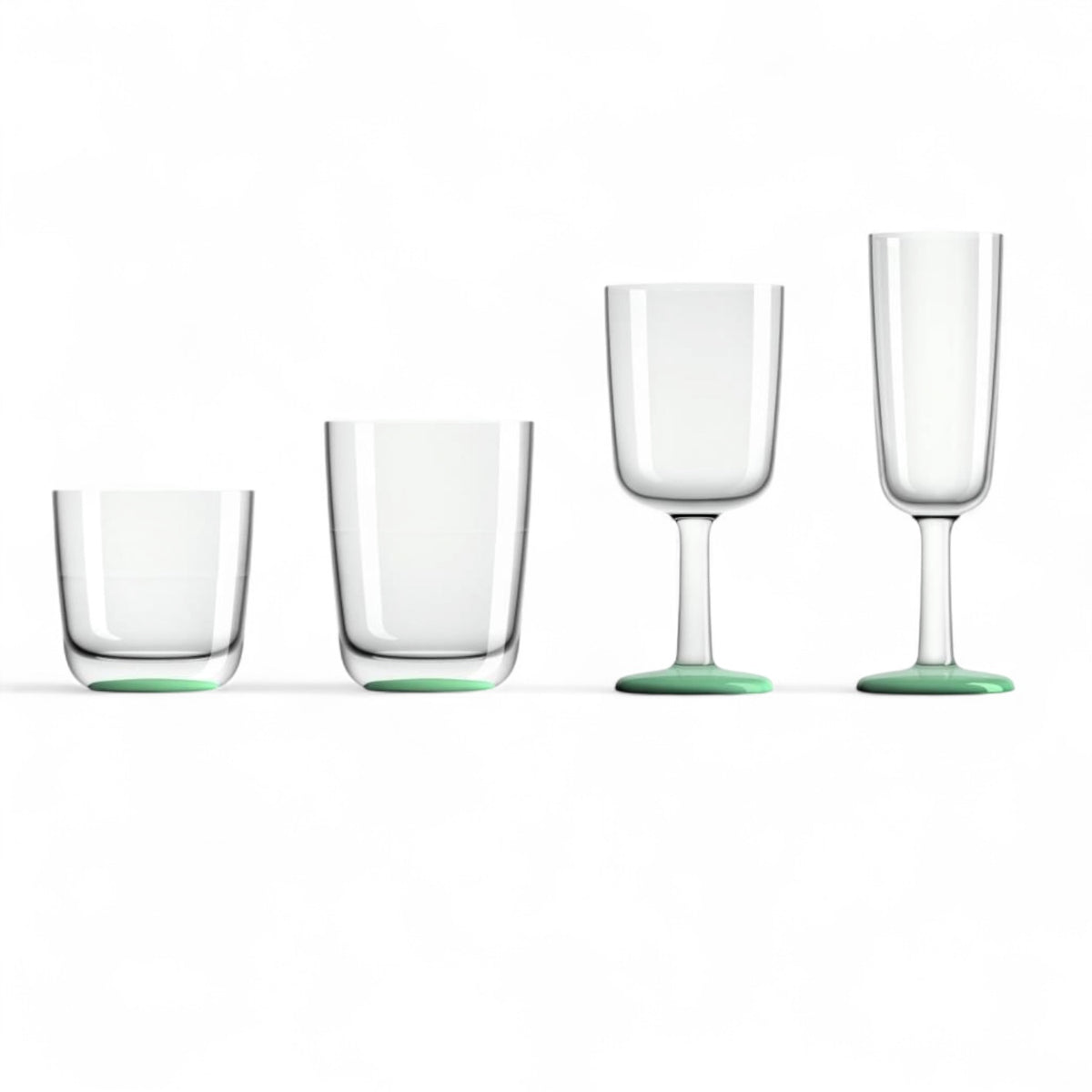 Marc Newson design onbreekbare Tritan glazen met voet in glow in the dark uitvoering, whiskeyglas, waterglas, wijnglas, champagneglas