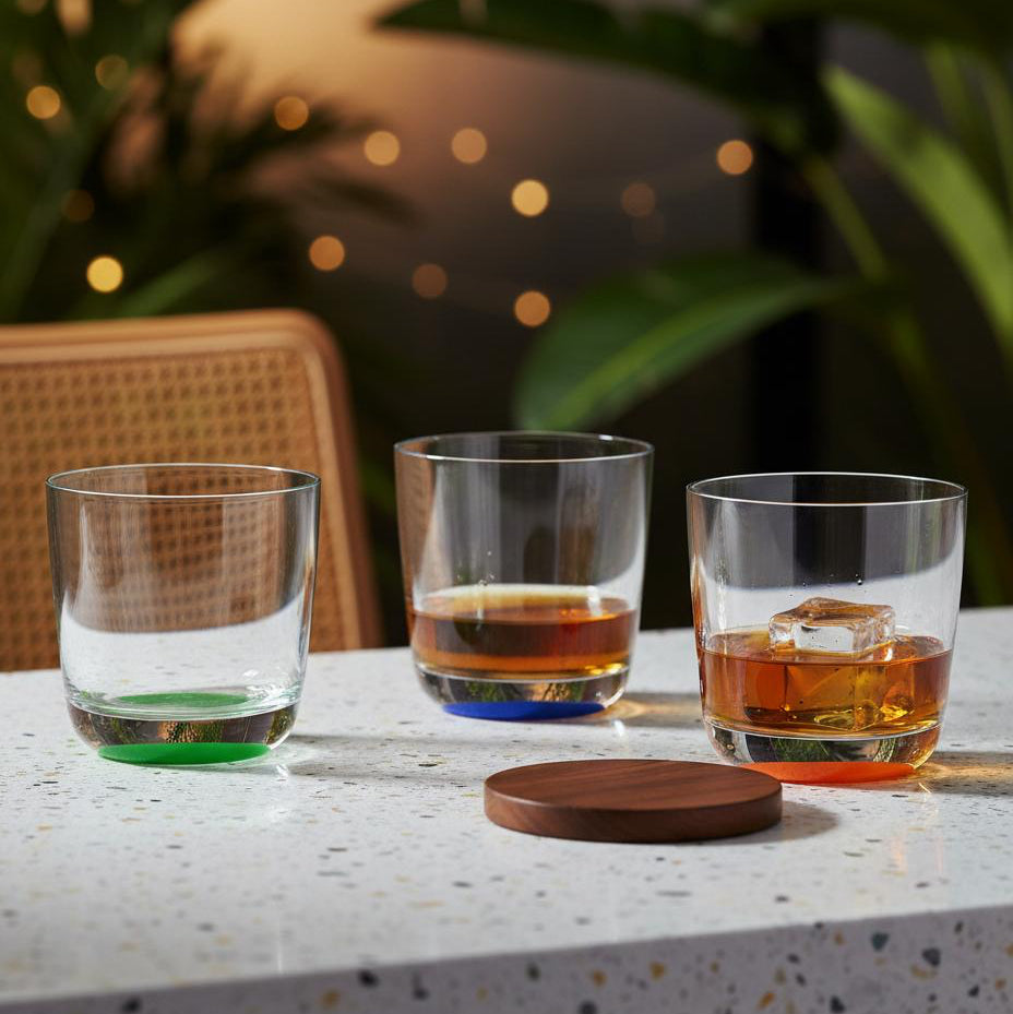 Marc Newson palm whisky glasses on the table filed with whisky