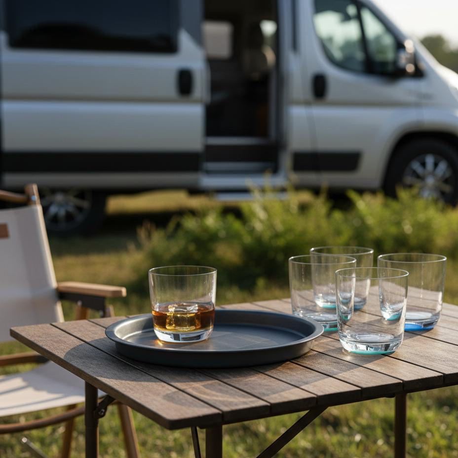 Marc Newson palm whisky glasses on the table filed with whisky on a table with a camper on the background