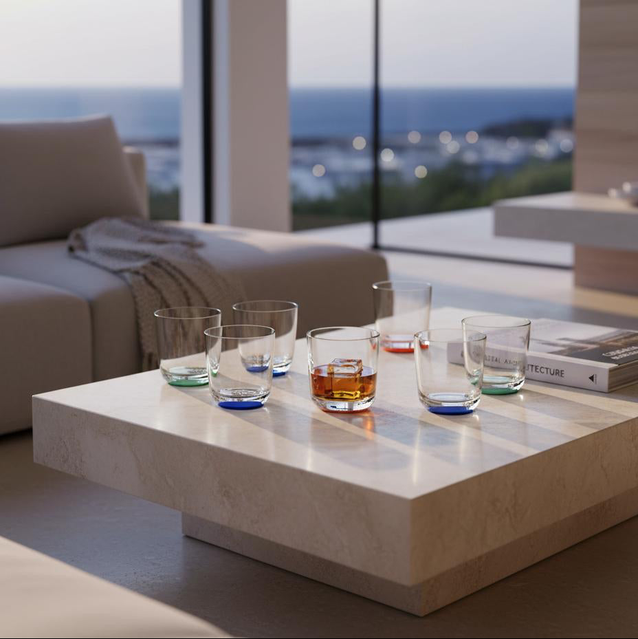 Marc Newson palm whisky glasses on the table in a livingroom