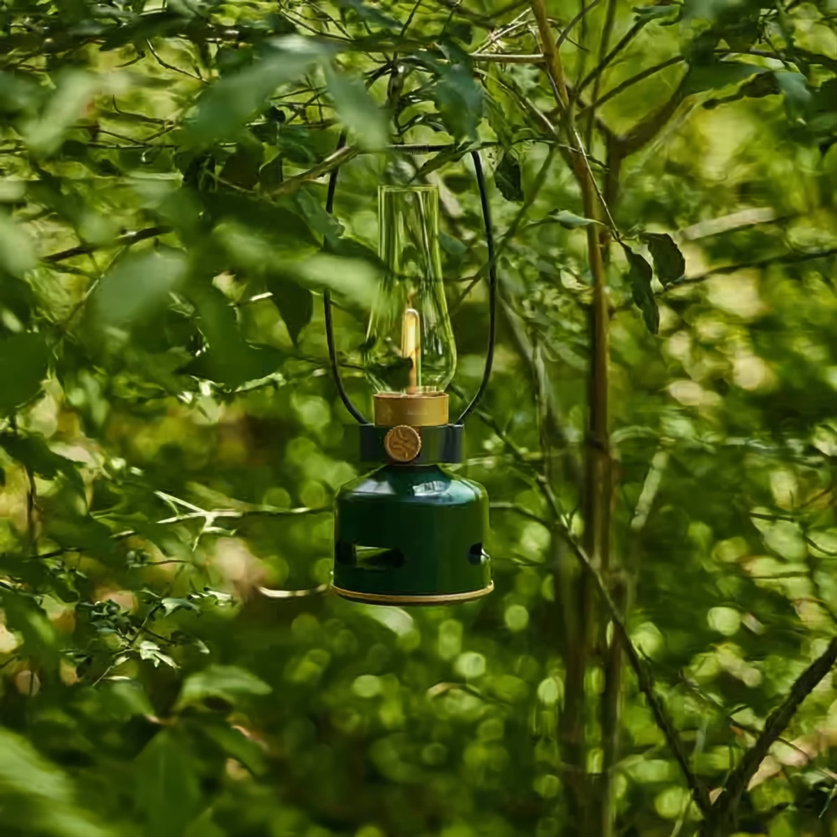 MoriMori LED lantaarn met Bluetooth speaker – oplaadbare buitenlamp in kleur Basil Moose donkergroen hangend aan boom in bos
