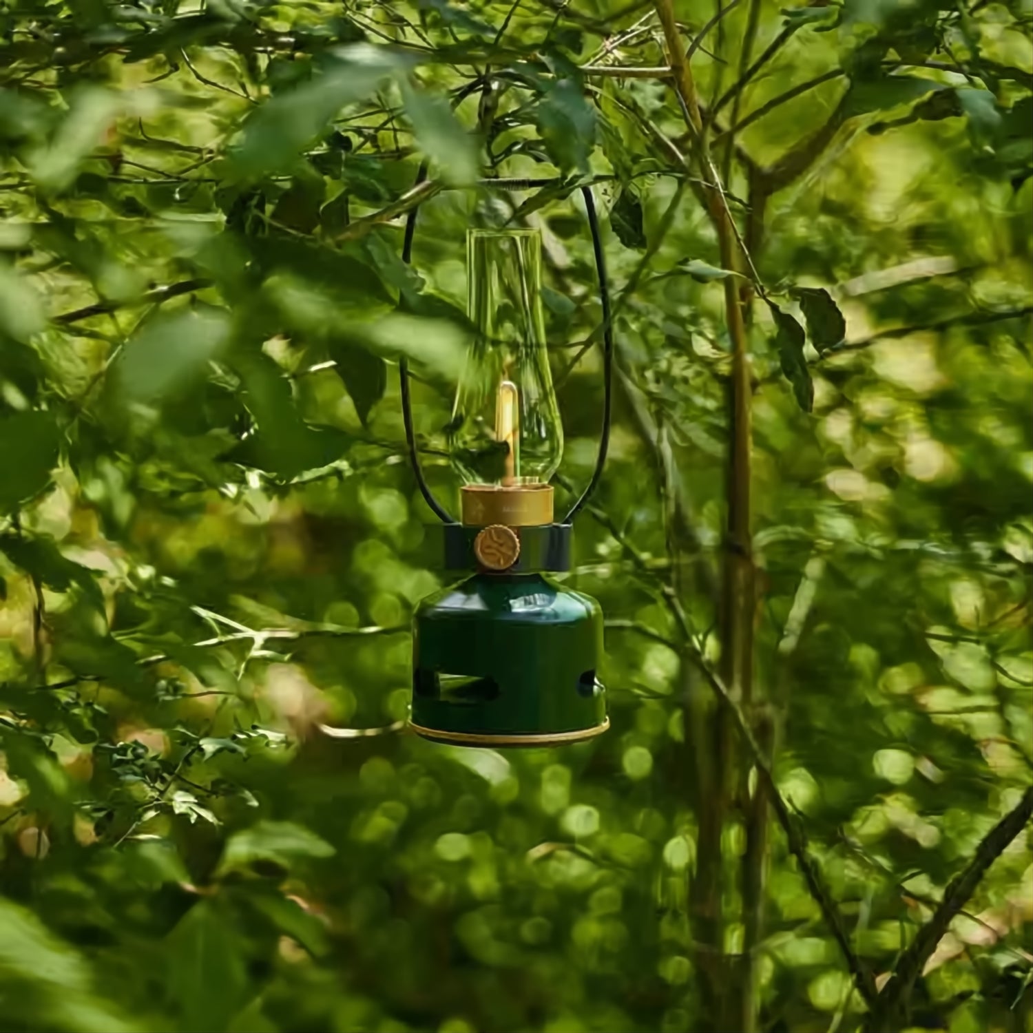 MoriMori LED lantaarn met Bluetooth speaker – oplaadbare buitenlamp in kleur Basil Moose donkergroen hangend aan boom in bos