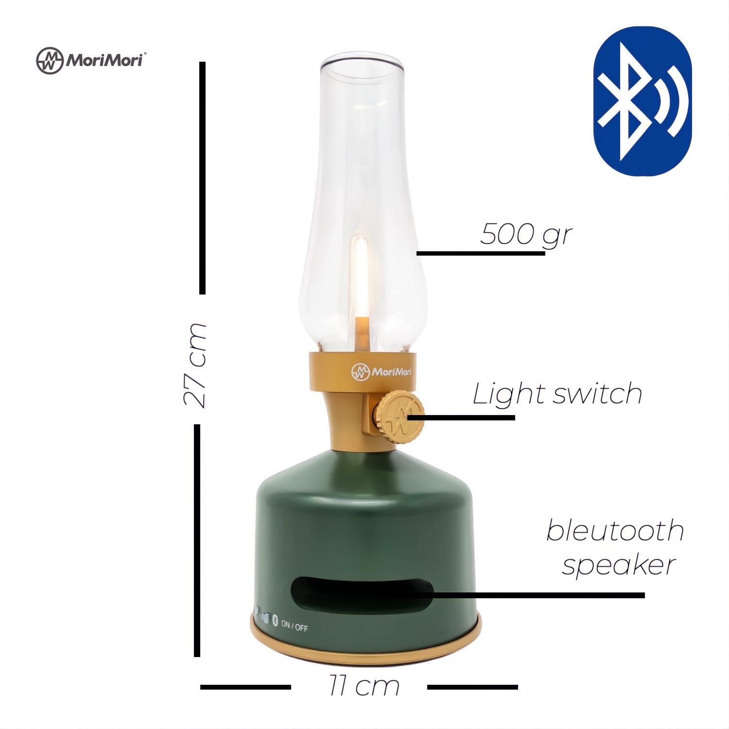 MoriMori LED lantaarn met Bluetooth speaker – oplaadbare buitenlamp in kleur basil moose donkergroen met afmetingen