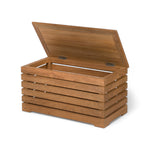 Opbergkist teak - met zitfunctie en lattenstructuur voor ventilatie voorbeeld met open deksel